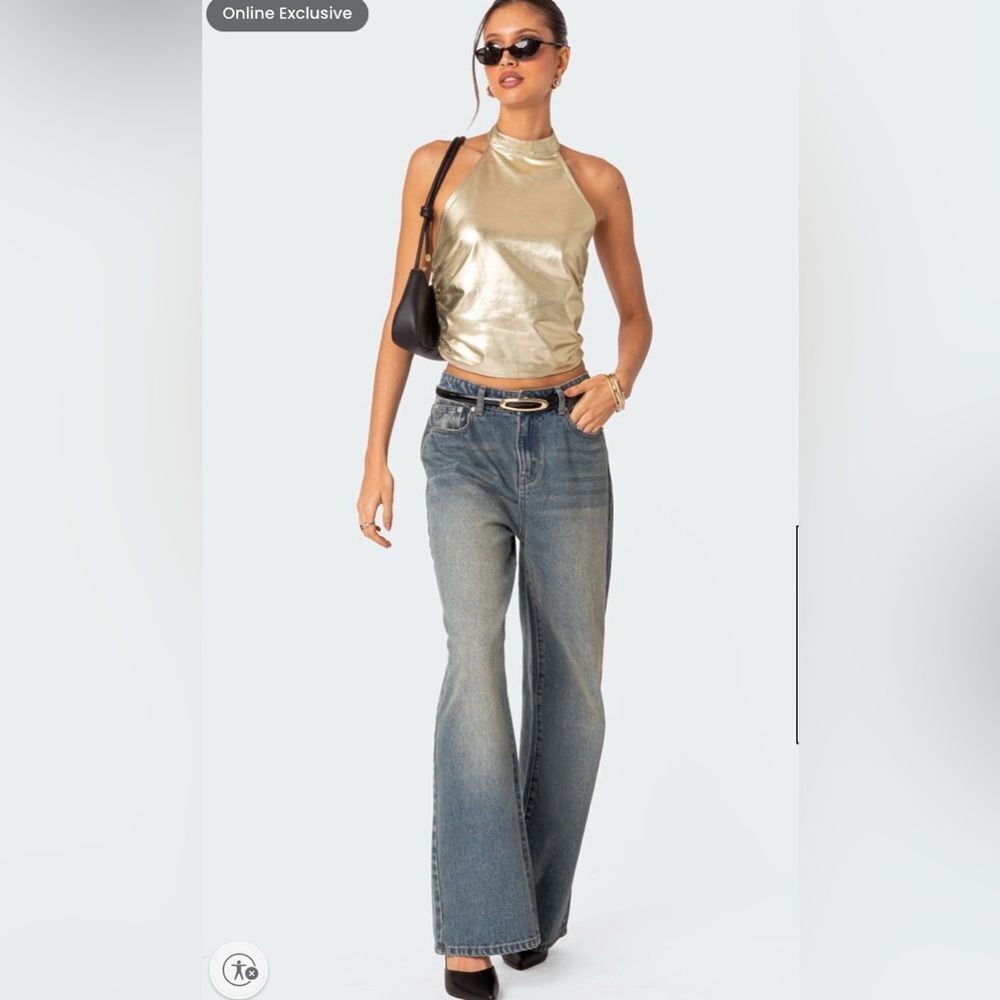 NWT Karter Metallic Gold Halter Neck Top Size Small Shiny Dressy - Picture 3 of 5